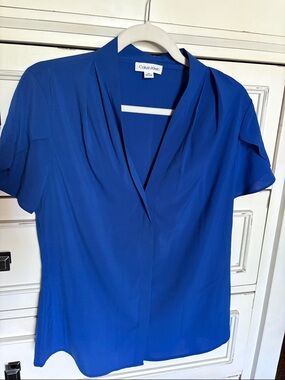 Calvin Klein Cobalt Blue V-Neck Short Sleeve Blouse